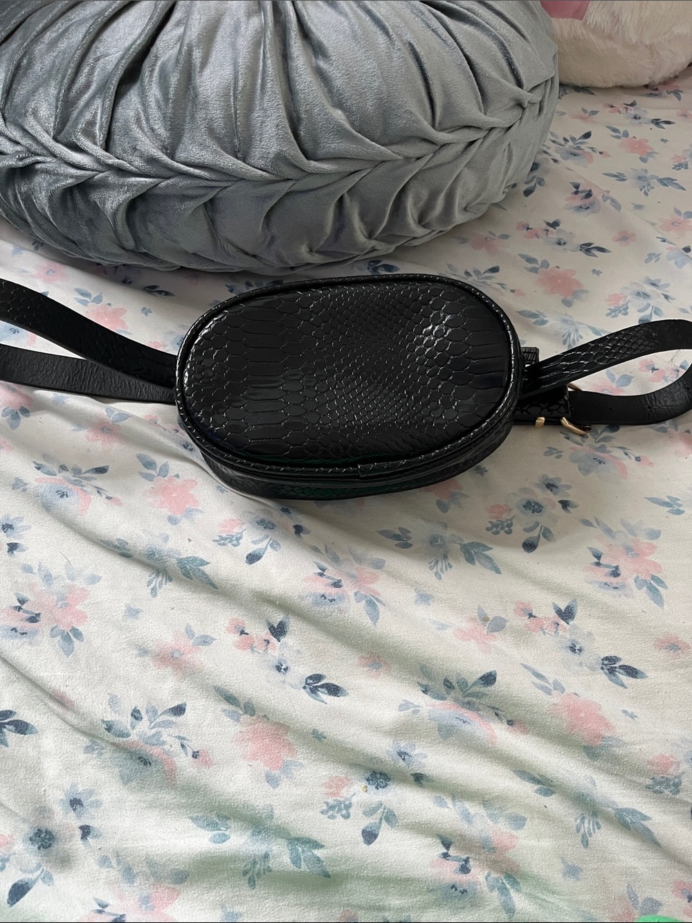 Black Faux Snakeskin Oval Belt Bag